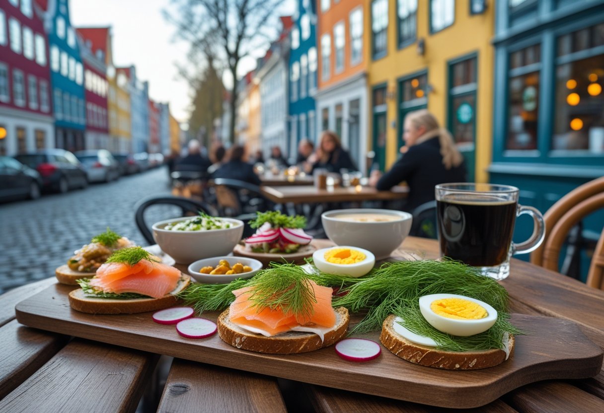Outdoor table in Copenhagen with traditional Danish open-faced sandwiches and drinks, set against colorful buildings and cobblestone streets.