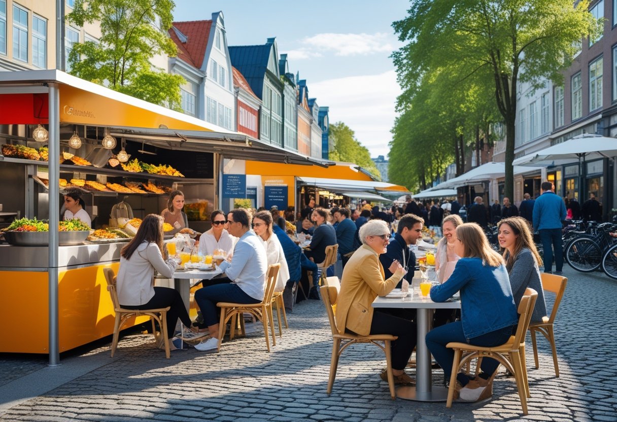 People enjoying diverse international lunches at an outdoor food market in Copenhagen with colorful stalls and city architecture in the background.