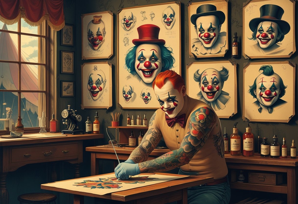 Palhaço Tatuagem: Significados, Estilos e Inspirações Um artista tatuando um rosto de palhaço colorido no braço de uma pessoa, com desenhos de tatuagens de palhaço e equipamentos de tatuagem antigos ao redor.