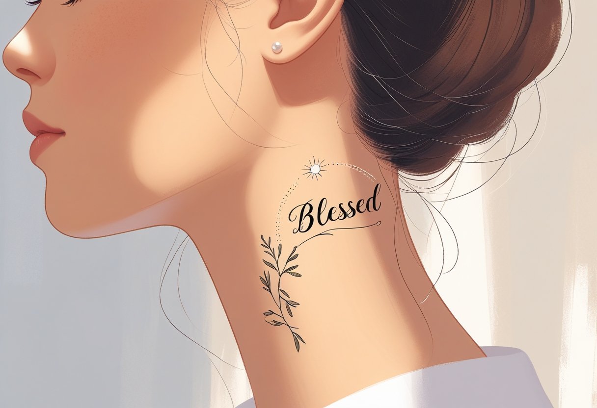 Blessed tatuagem pescoço significados, estilos e dicas de cuidados Close-up do lado do pescoço de uma pessoa com uma tatuagem delicada que simboliza bênção, com elementos como halo, raios de luz e flores suaves.