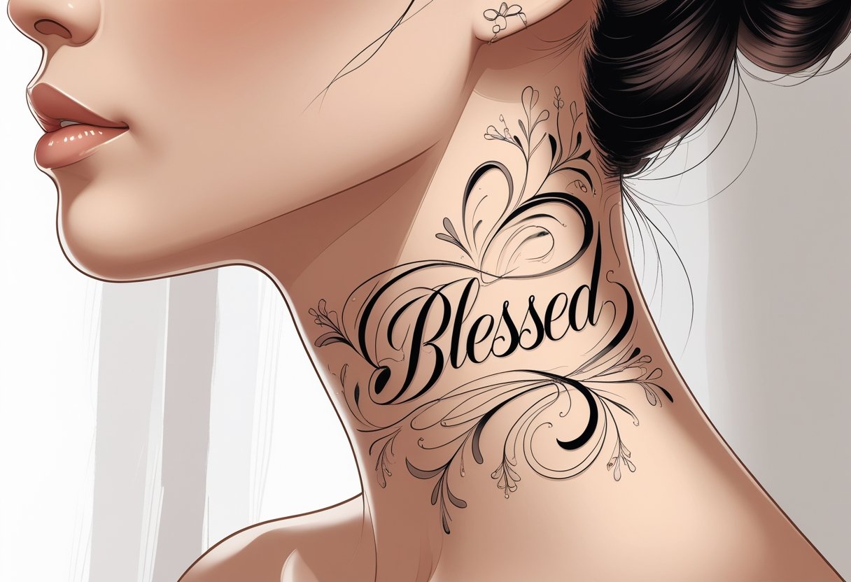 Blessed tatuagem pescoço significados, estilos e dicas de cuidados Ilustração detalhada de uma tatuagem no pescoço com a palavra 'Blessed' integrada ao desenho, mostrando a lateral do pescoço de uma pessoa.