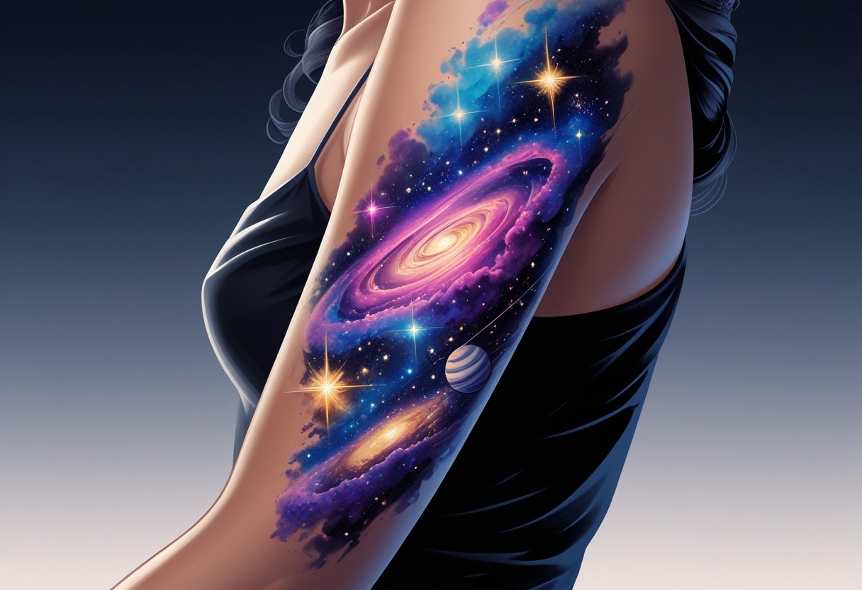 Tatuagem Universo: Inspirações e Significados para Sua Nova Arte Corporal Braço humano com uma tatuagem detalhada que representa elementos do universo, incluindo estrelas, planetas e galáxias.