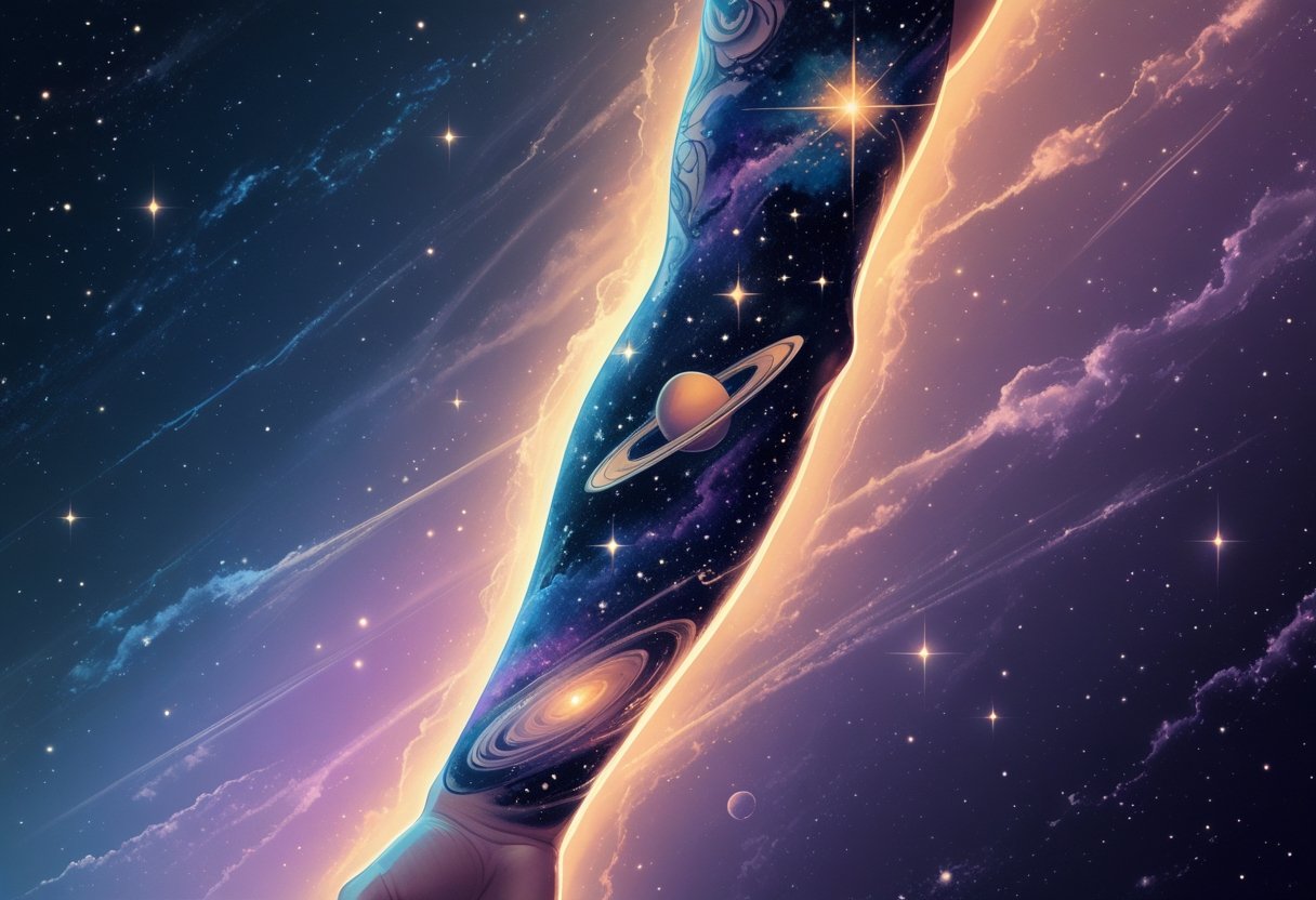 Tatuagem Universo: Inspirações e Significados para Sua Nova Arte Corporal Braço humano com uma tatuagem detalhada que mostra elementos do universo, como estrelas, planetas e galáxias, com um fundo escuro que lembra o espaço.
