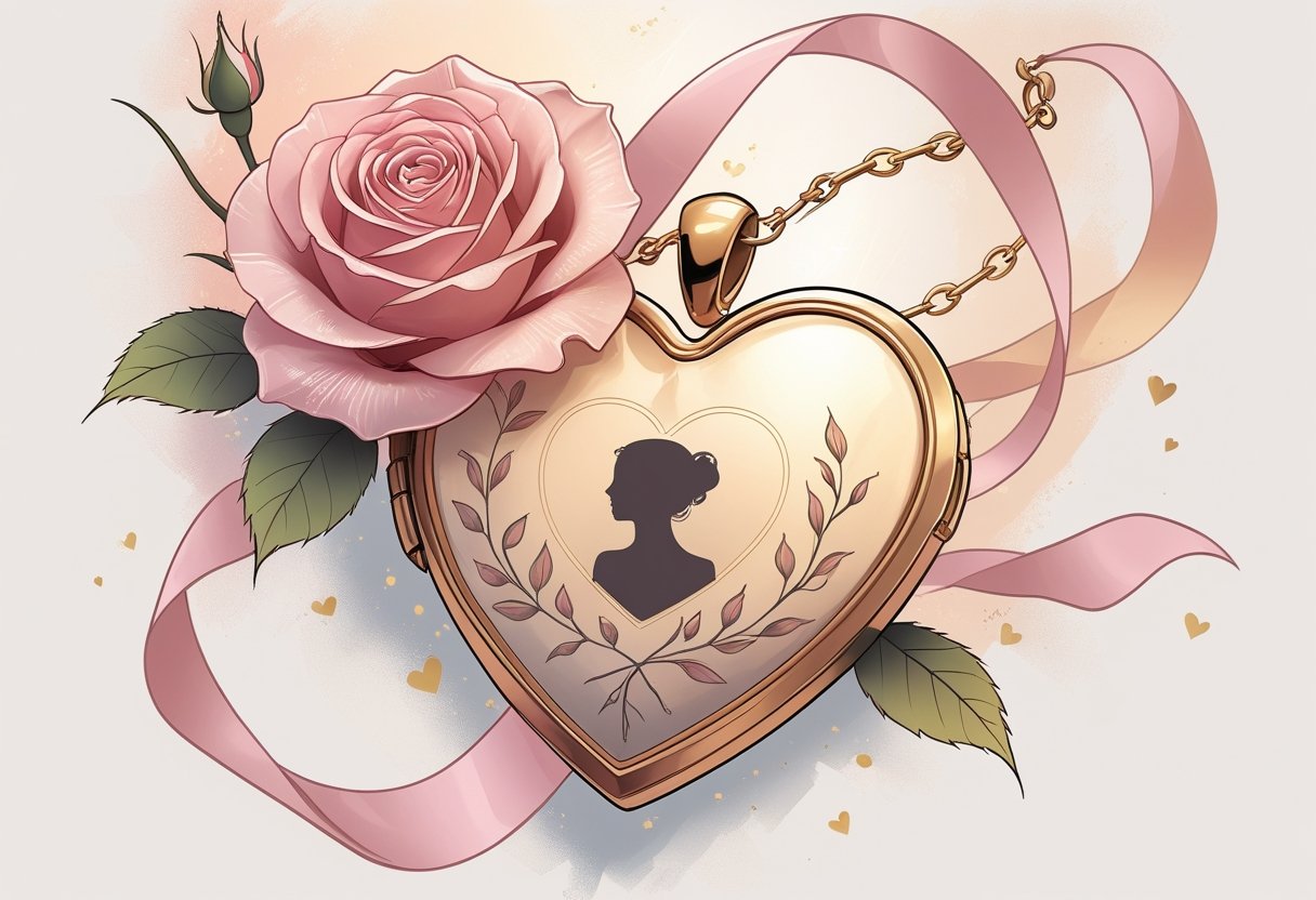 Tatuagem homenagem a mãe falecida: ideias e significados para eternizar o amor Ilustração de uma tatuagem com uma rosa delicada, um medalhão em forma de coração aberto com uma silhueta dentro, fitas suaves e raios de luz ao redor.