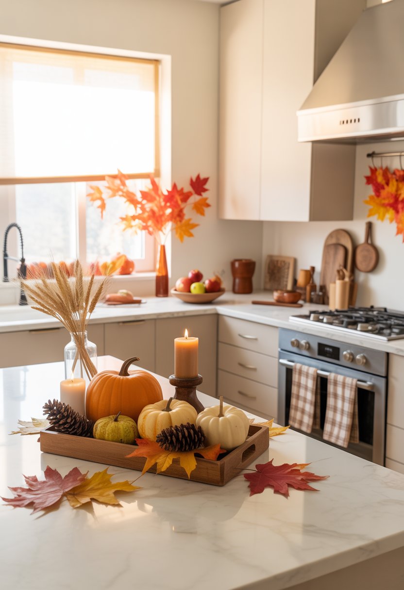 32 Fall Kitchen Decor Ideas 2025 to Refresh Your Space with Seasonal Style 2 A modern kitchen decorated with pumpkins, gourds, autumn leaves, and candles on the countertop, with sunlight coming through the window.