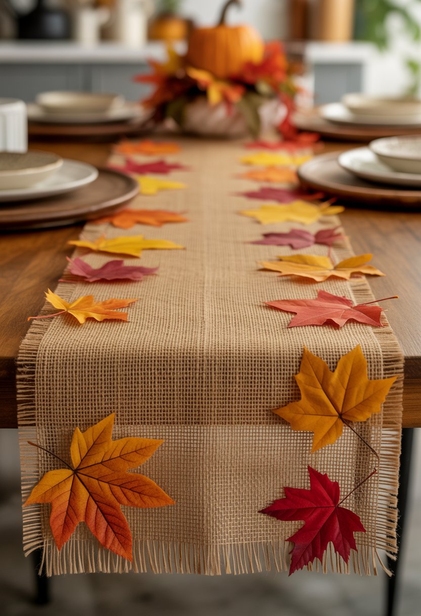 32 Fall Kitchen Decor Ideas 2025 to Refresh Your Space with Seasonal Style 3 A wooden dining table with a burlap table runner decorated with colorful autumn leaves.