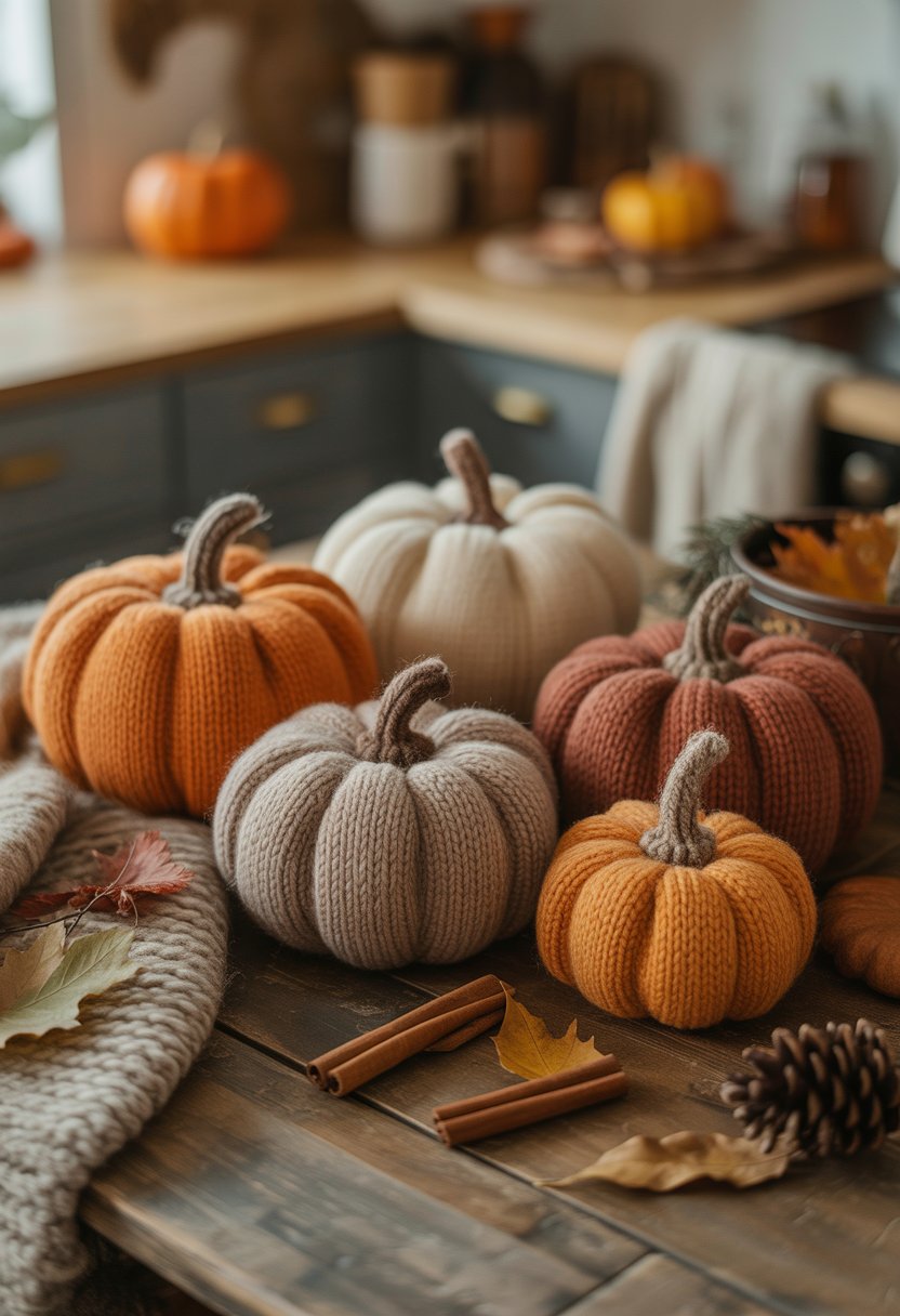 32 Fall Kitchen Decor Ideas 2025 to Refresh Your Space with Seasonal Style 5 A variety of knit pumpkin decorations in different sizes arranged on a wooden kitchen table with fall-themed items like cinnamon sticks and dried leaves.