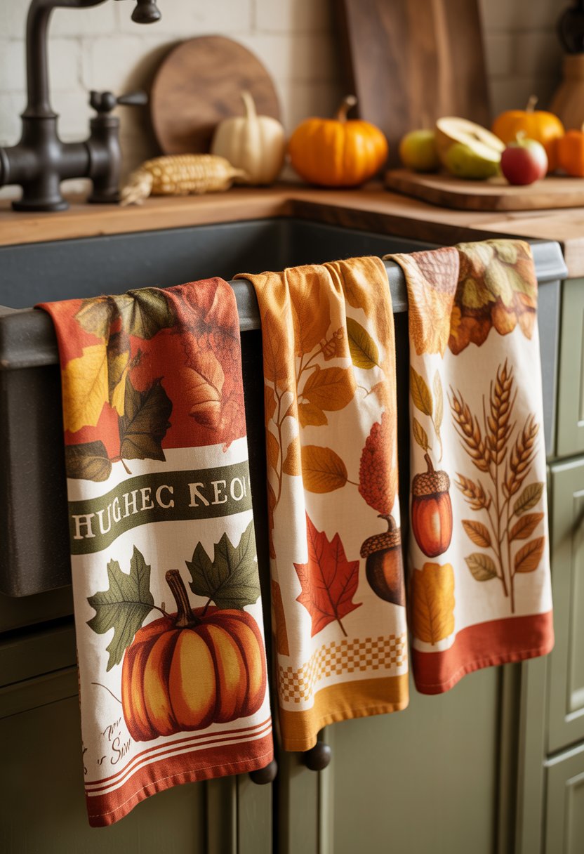 32 Fall Kitchen Decor Ideas 2025 to Refresh Your Space with Seasonal Style 6 A kitchen scene with autumn-themed towels hanging near a farmhouse sink surrounded by seasonal decorations like pumpkins and dried corn.