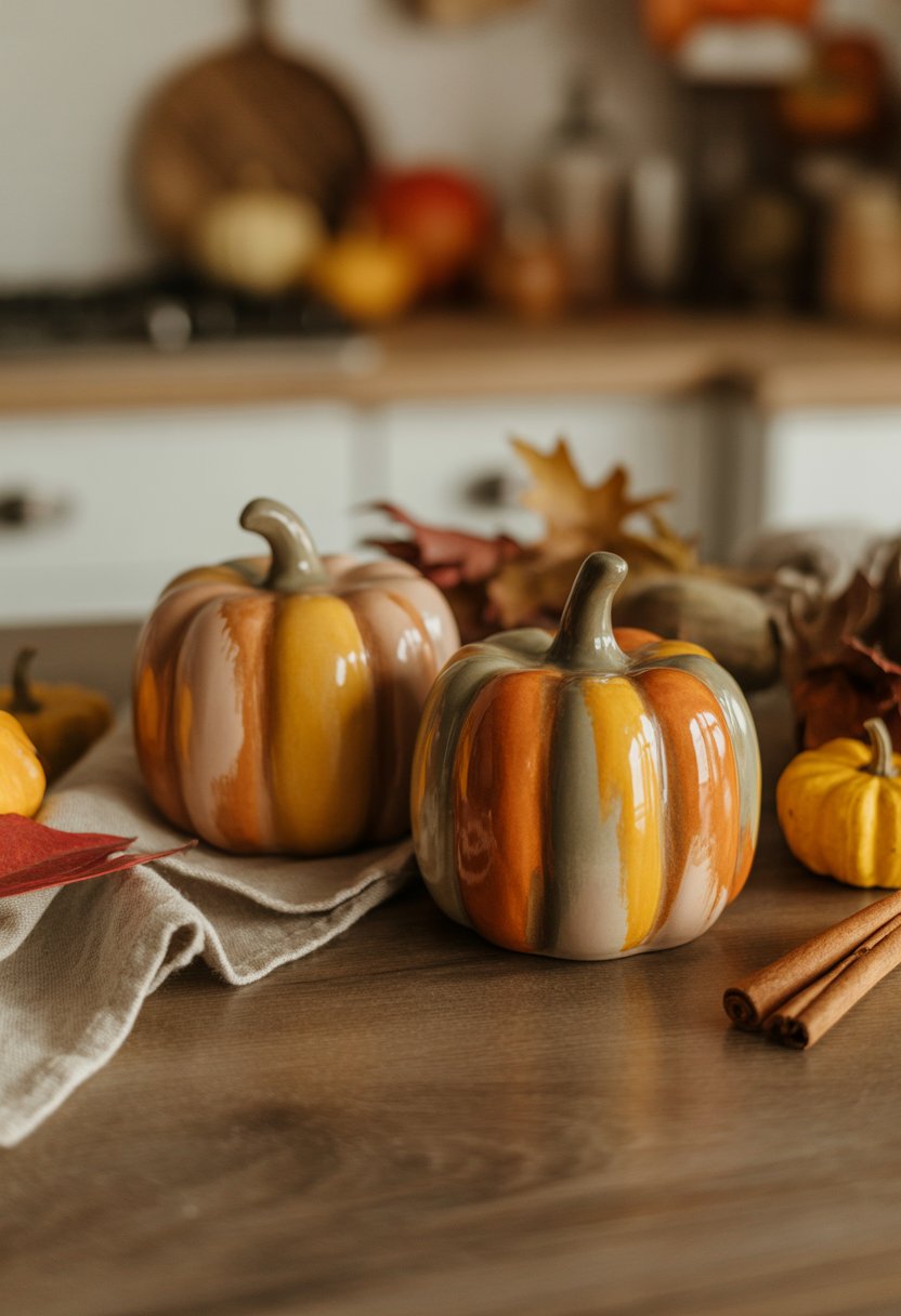 32 Fall Kitchen Decor Ideas 2025 to Refresh Your Space with Seasonal Style 7 A pair of ceramic pumpkin salt and pepper shakers on a wooden kitchen table with fall-themed decorations around them.