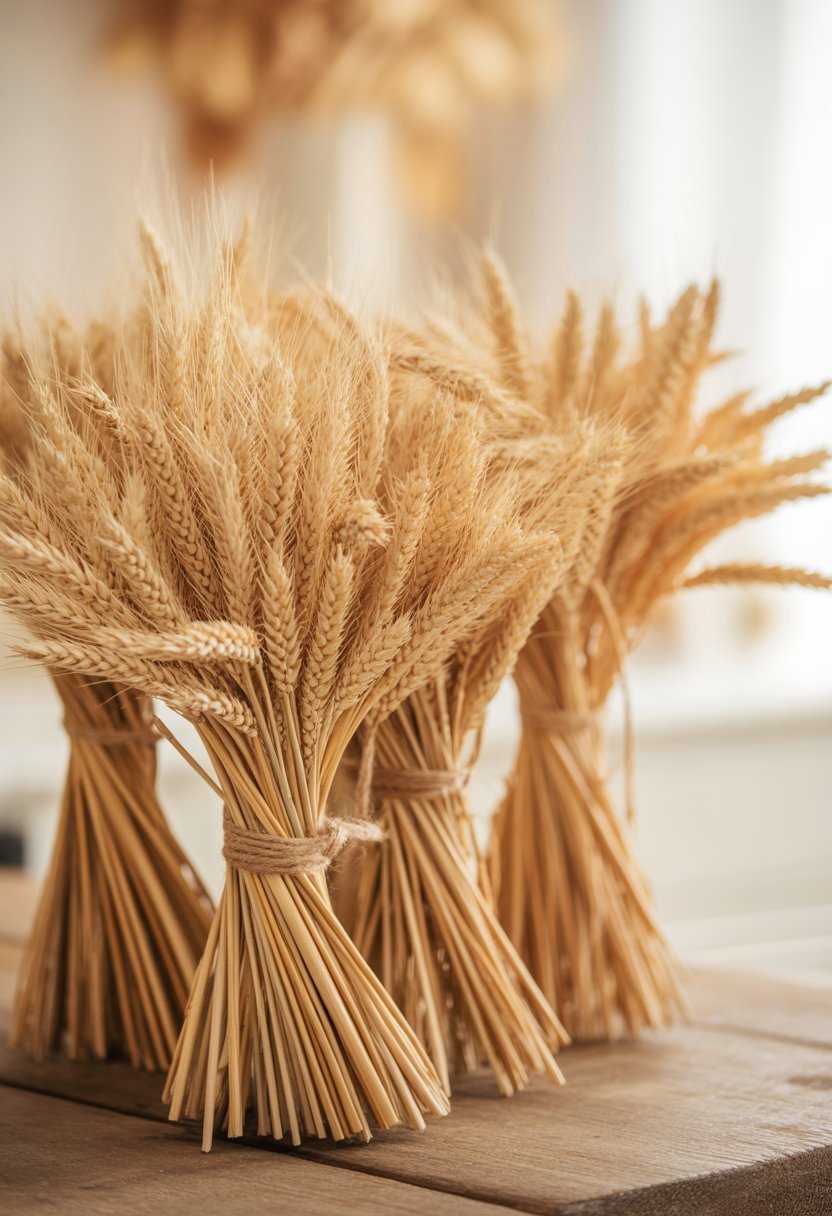 32 Fall Kitchen Decor Ideas 2025 to Refresh Your Space with Seasonal Style 9 Bundles of dried wheat stalks tied with twine resting on a wooden surface.