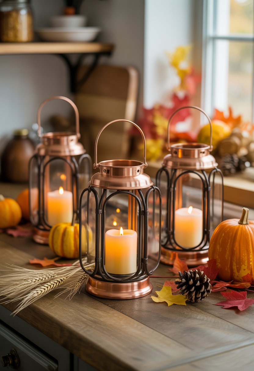 32 Fall Kitchen Decor Ideas 2025 to Refresh Your Space with Seasonal Style 10 Copper lanterns with glowing candles on a kitchen counter surrounded by autumn decorations including pumpkins and fall leaves.