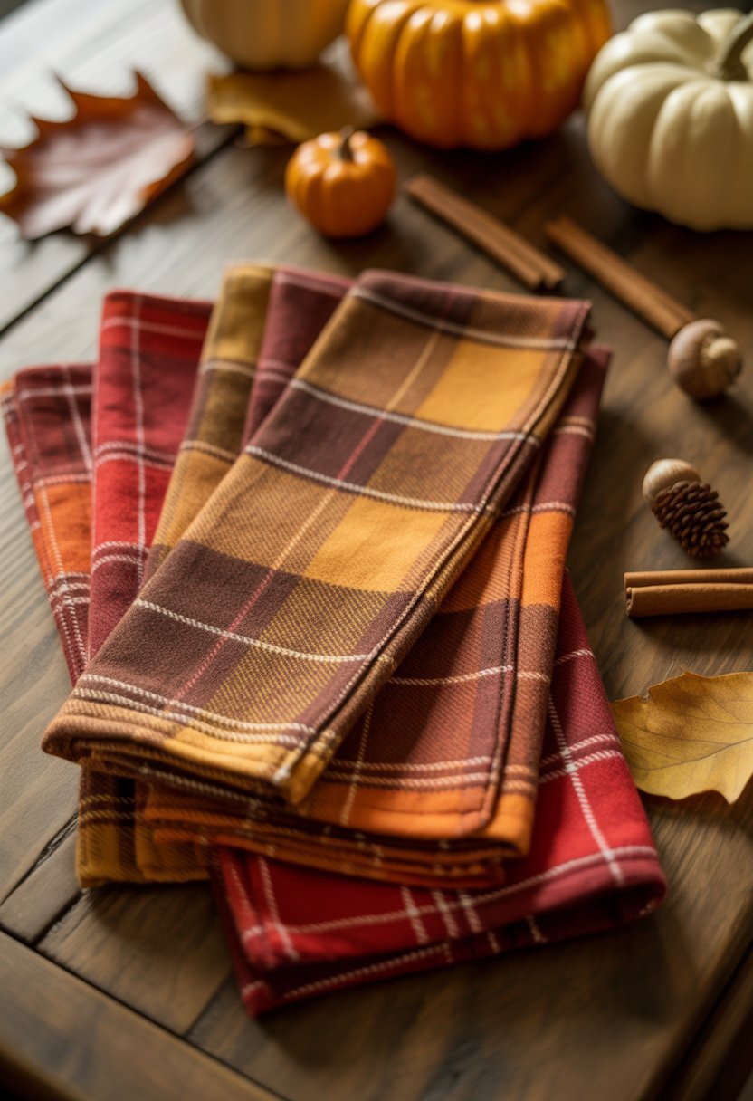 32 Fall Kitchen Decor Ideas 2025 to Refresh Your Space with Seasonal Style 11 Plaid flannel napkins in warm fall colors arranged on a wooden kitchen table with autumn decorations like pumpkins and leaves.