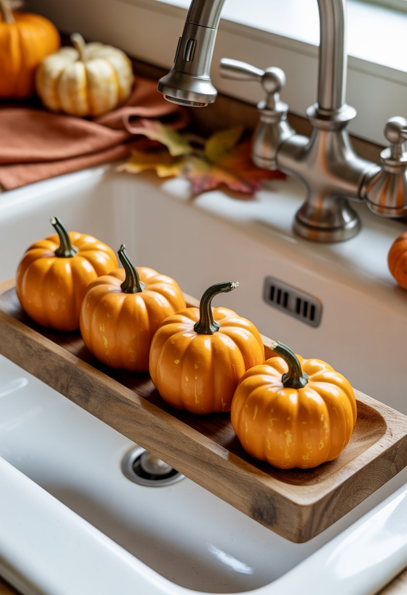 32 Fall Kitchen Decor Ideas 2025 to Refresh Your Space with Seasonal Style 14 Pumpkin-shaped soap bars placed next to a kitchen sink with autumn decorations in the background.