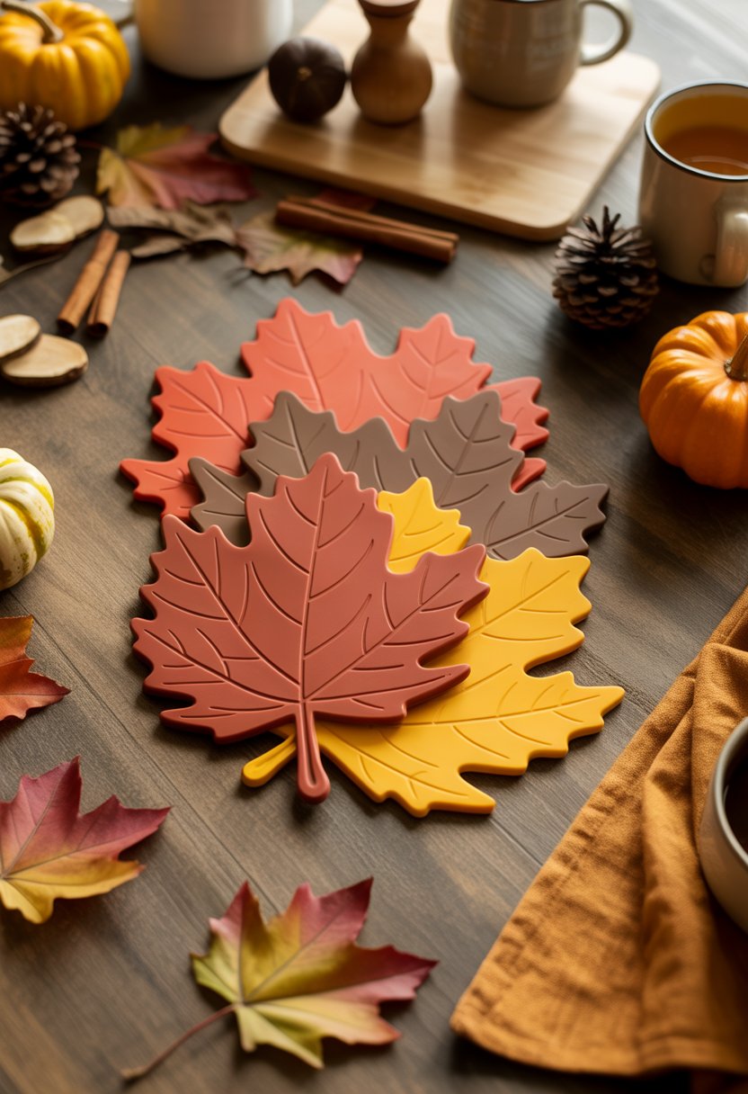 32 Fall Kitchen Decor Ideas 2025 to Refresh Your Space with Seasonal Style 15 Autumn leaf-shaped silicone trivets in fall colors arranged on a wooden kitchen table with pumpkins, pinecones, and cinnamon sticks.