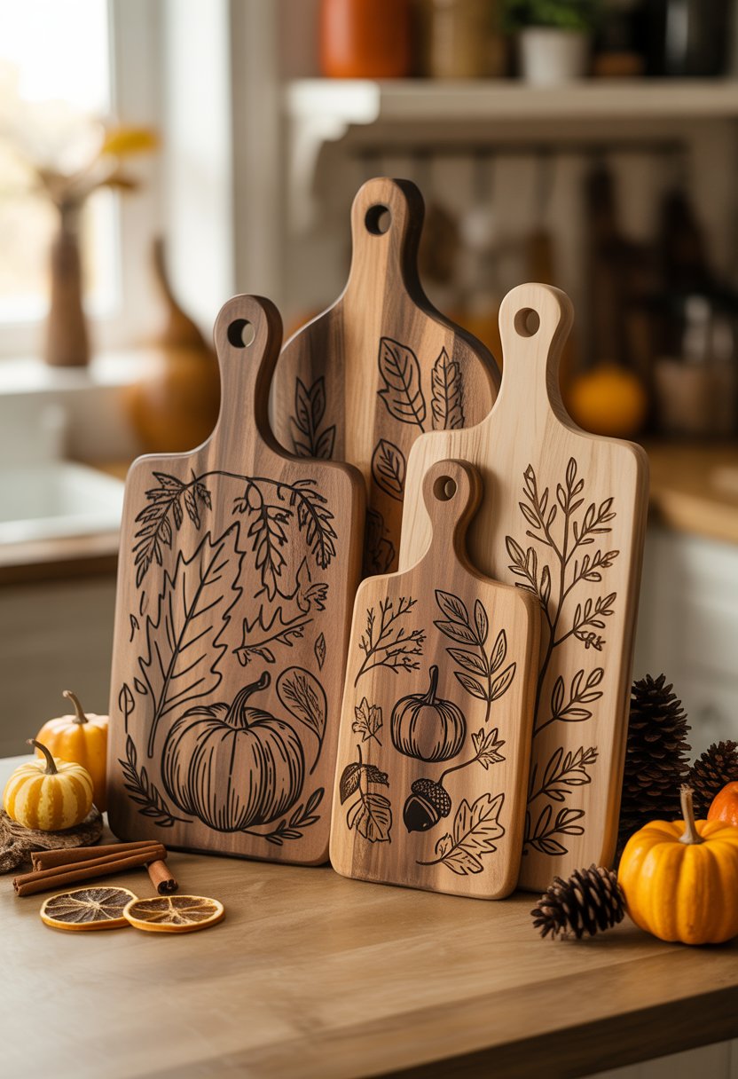 32 Fall Kitchen Decor Ideas 2025 to Refresh Your Space with Seasonal Style 16 A set of rustic wooden cutting boards engraved with fall motifs arranged on a kitchen countertop with autumn decorations.