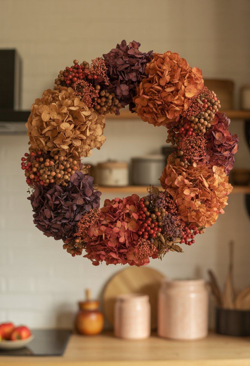 32 Fall Kitchen Decor Ideas 2025 to Refresh Your Space with Seasonal Style 17 A wreath made of dried hydrangeas and berries hanging in a kitchen setting with warm fall colors.