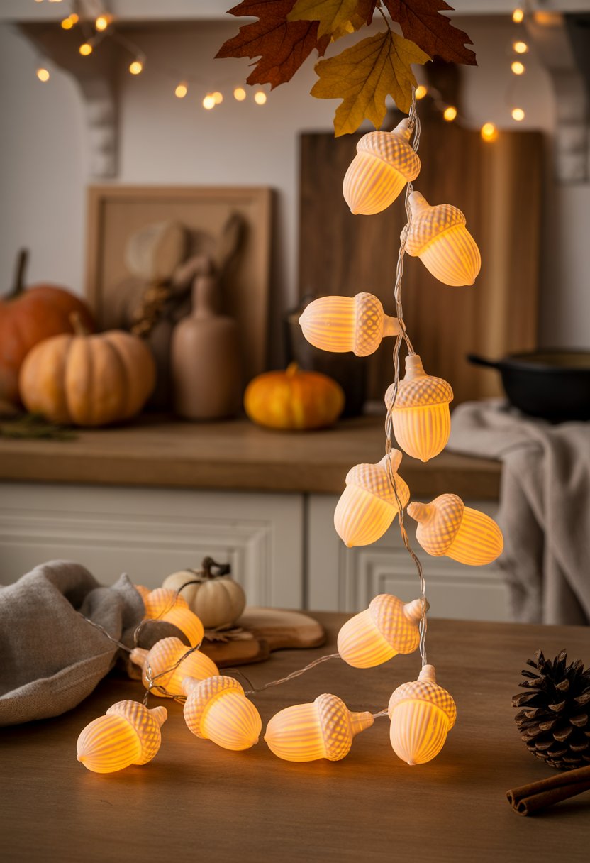32 Fall Kitchen Decor Ideas 2025 to Refresh Your Space with Seasonal Style 18 Warm acorn-shaped LED string lights glowing in a fall-themed kitchen decorated with pumpkins and autumn leaves.