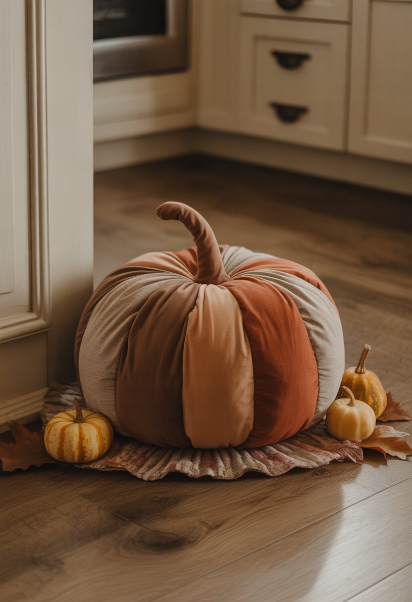 32 Fall Kitchen Decor Ideas 2025 to Refresh Your Space with Seasonal Style 19 A fabric pumpkin doorstop in earth tones sitting on a wooden kitchen floor near a doorway with autumn decorations around it.