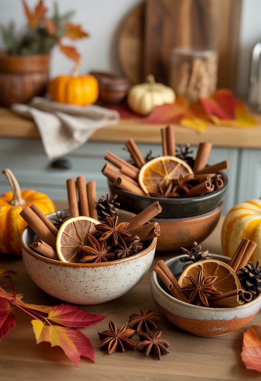 32 Fall Kitchen Decor Ideas 2025 to Refresh Your Space with Seasonal Style 20 Several bowls filled with cinnamon sticks, dried orange slices, and pinecones arranged on a wooden kitchen table with autumn leaves and small pumpkins nearby.