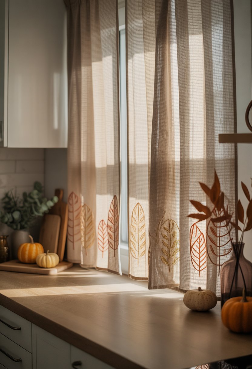 32 Fall Kitchen Decor Ideas 2025 to Refresh Your Space with Seasonal Style 21 A kitchen window with neutral knit curtains embroidered with autumn leaves, soft light coming through, and fall decorations on the countertop.