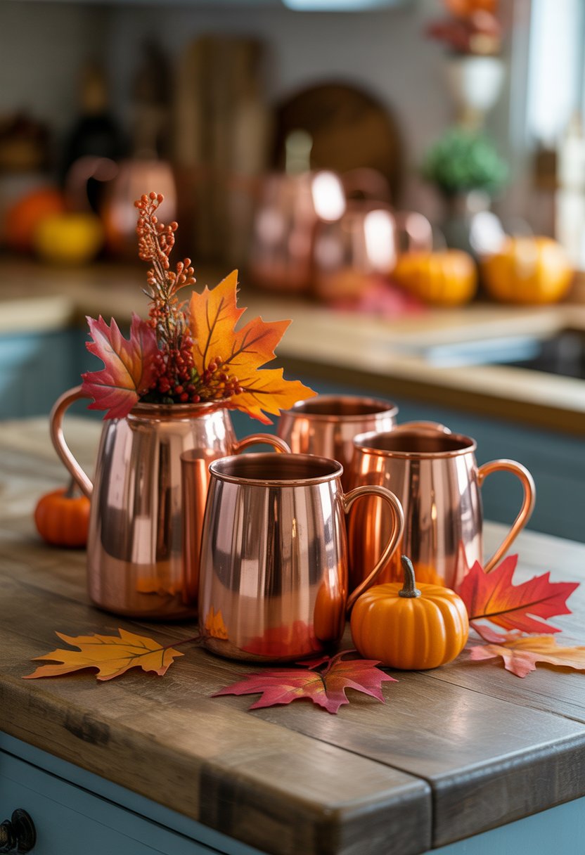 32 Fall Kitchen Decor Ideas 2025 to Refresh Your Space with Seasonal Style 22 Copper mugs decorated with artificial fall leaves and small pumpkins on a wooden kitchen countertop.