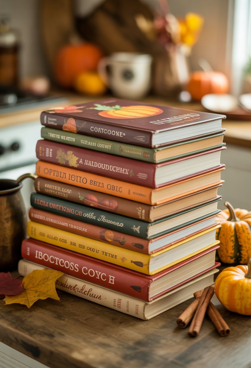 32 Fall Kitchen Decor Ideas 2025 to Refresh Your Space with Seasonal Style 23 A stack of vintage cookbooks with autumn-colored covers on a wooden kitchen table surrounded by small pumpkins and fall decorations.