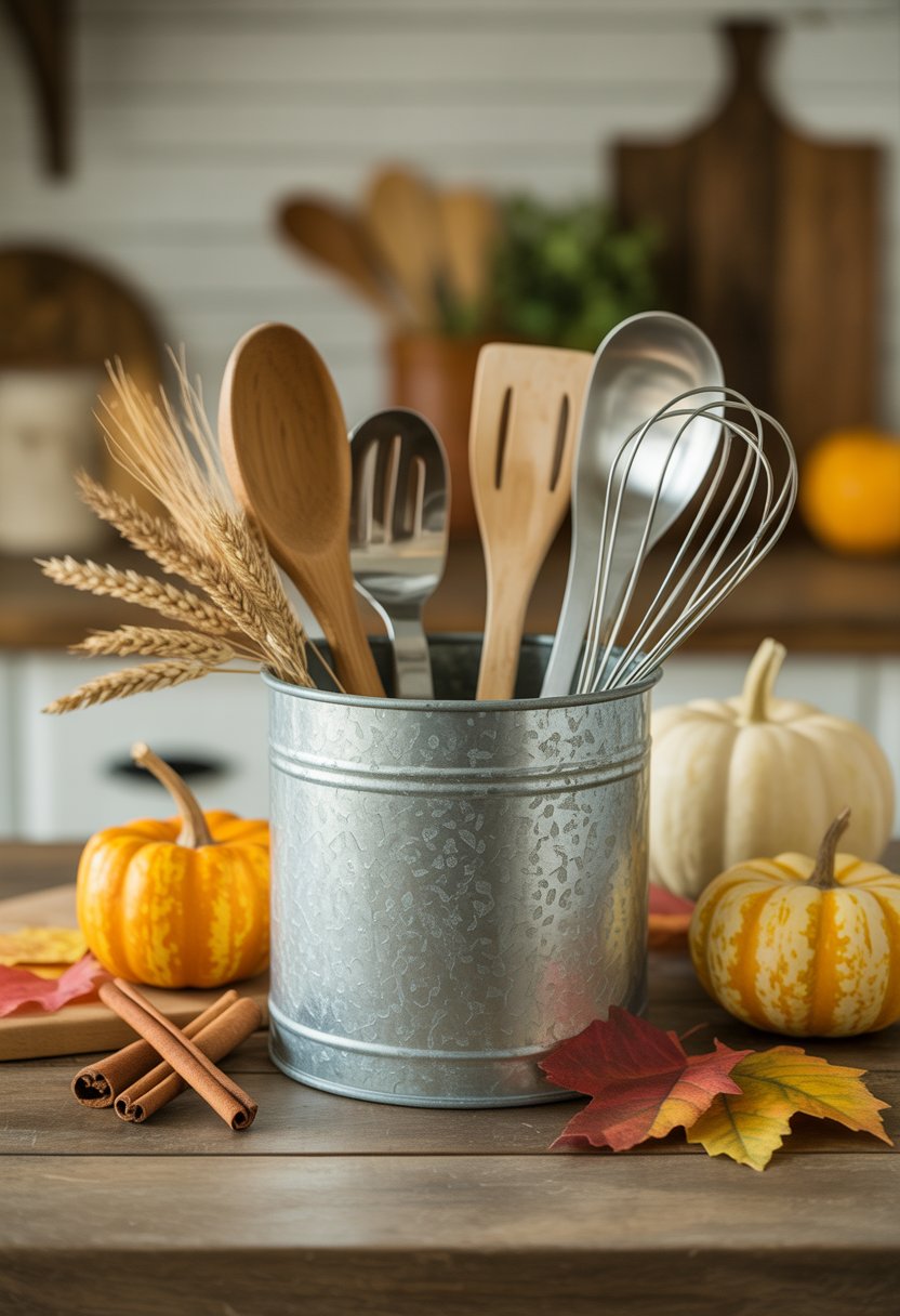 32 Fall Kitchen Decor Ideas 2025 to Refresh Your Space with Seasonal Style 24 A galvanized metal utensil holder filled with kitchen tools on a wooden countertop surrounded by autumn decorations like pumpkins and fall leaves.