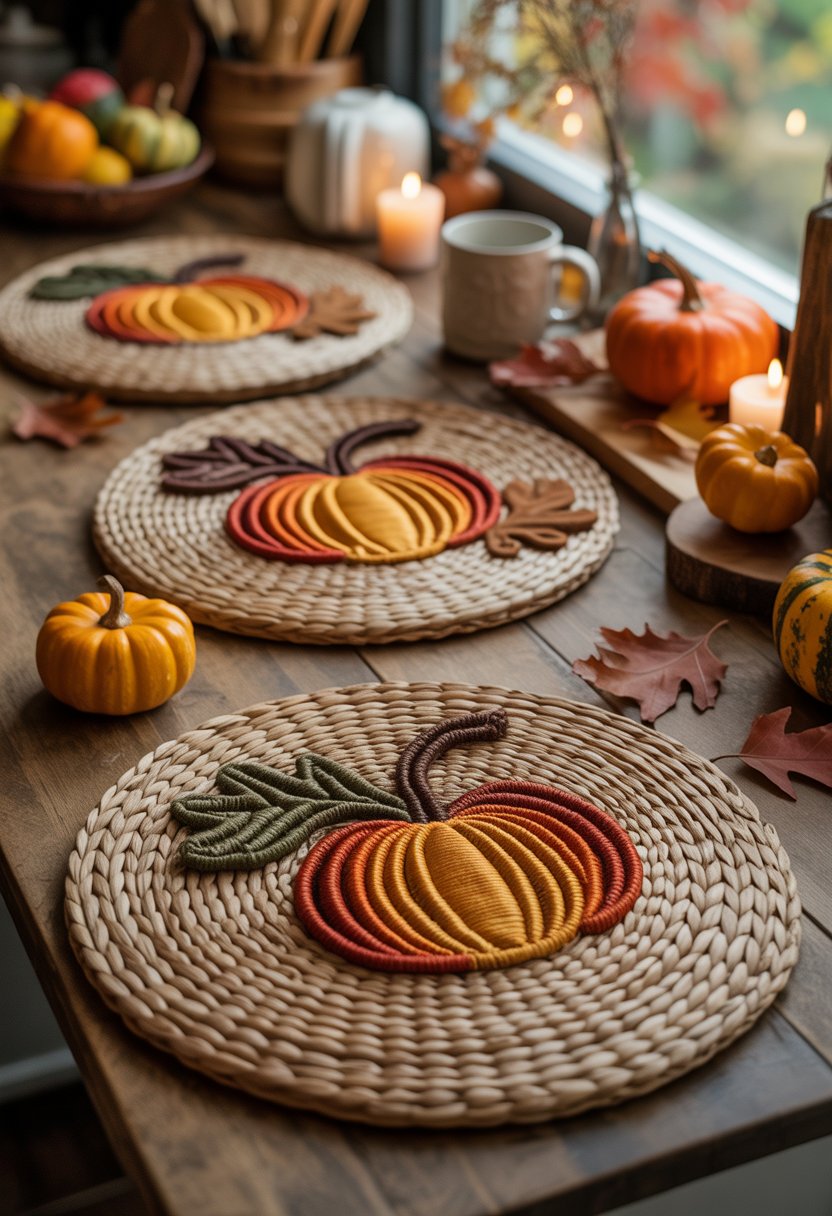 32 Fall Kitchen Decor Ideas 2025 to Refresh Your Space with Seasonal Style 25 Woven placemats with pumpkin and oak leaf designs arranged on a wooden kitchen table with autumn decorations.