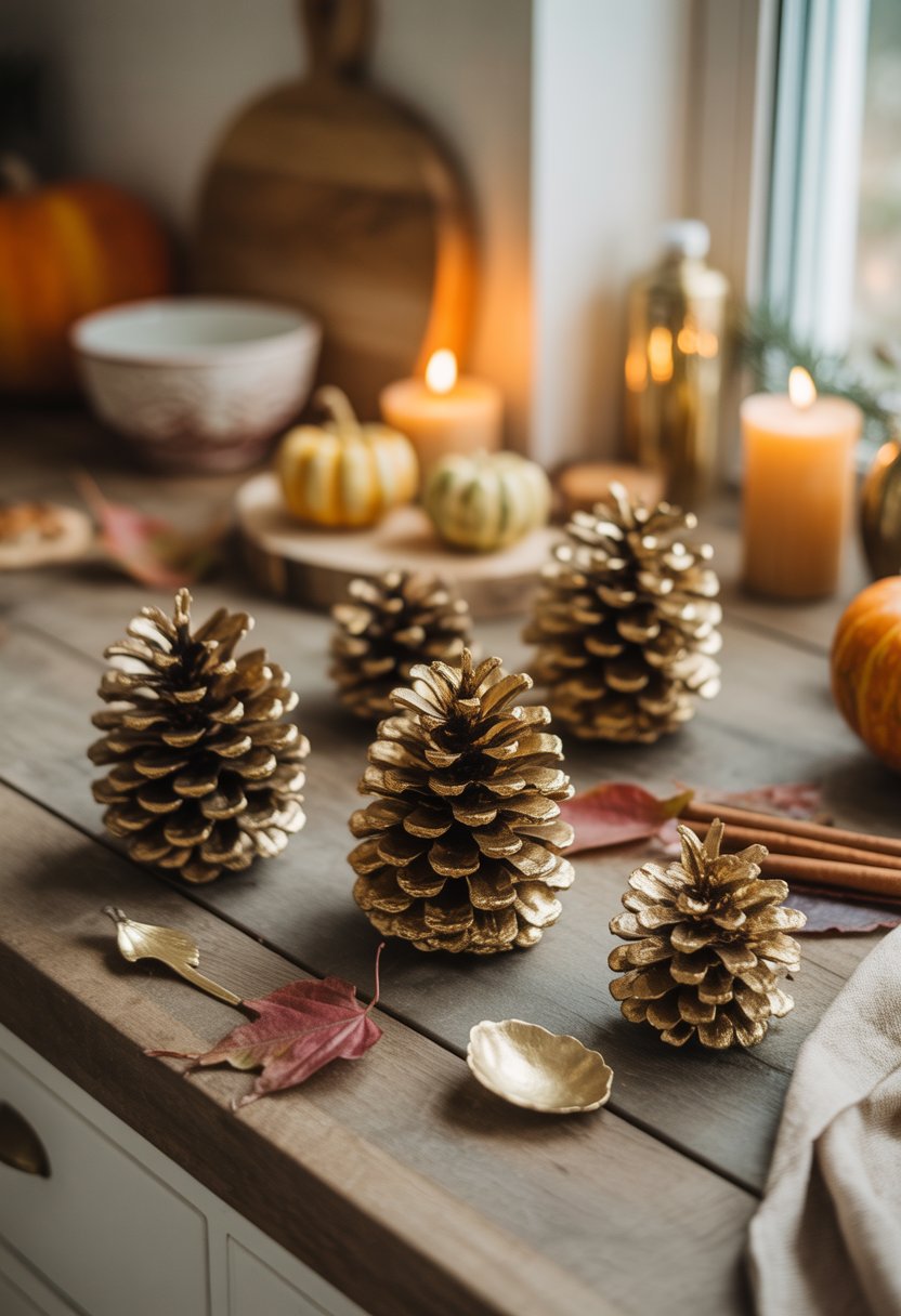 32 Fall Kitchen Decor Ideas 2025 to Refresh Your Space with Seasonal Style 26 Close-up of gold-painted pinecone clusters arranged on a wooden kitchen table with pumpkins, dried leaves, and candles in a fall setting.