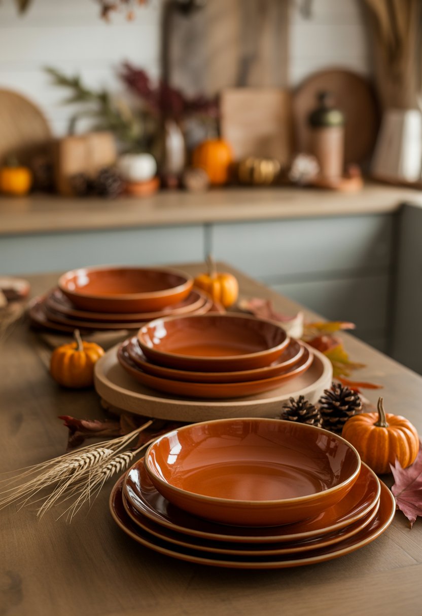 32 Fall Kitchen Decor Ideas 2025 to Refresh Your Space with Seasonal Style 27 Rust-colored ceramic dish set on a wooden table with fall-themed decorations including pumpkins and dried leaves.