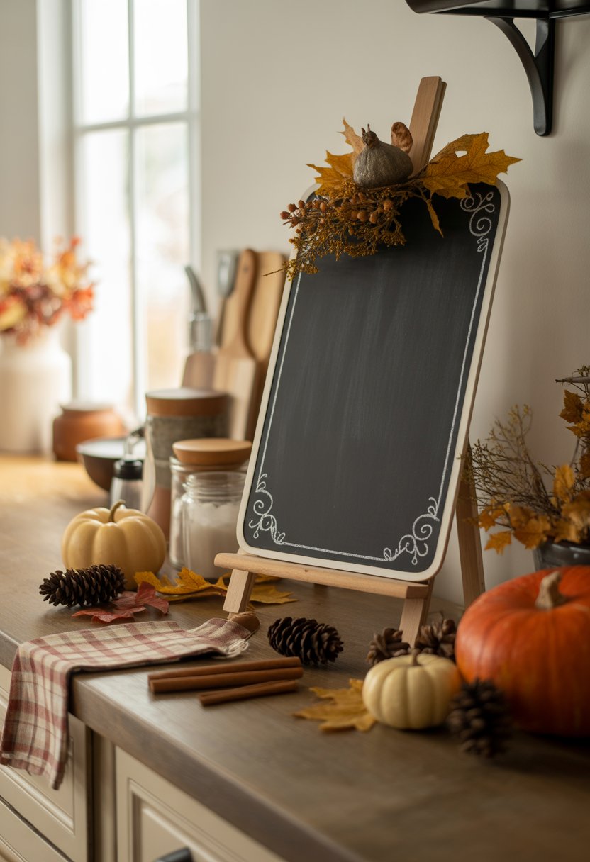 32 Fall Kitchen Decor Ideas 2025 to Refresh Your Space with Seasonal Style 28 A cozy kitchen corner decorated with fall-themed items including pumpkins, pine cones, dried leaves, and a blank chalkboard sign on a wooden easel.