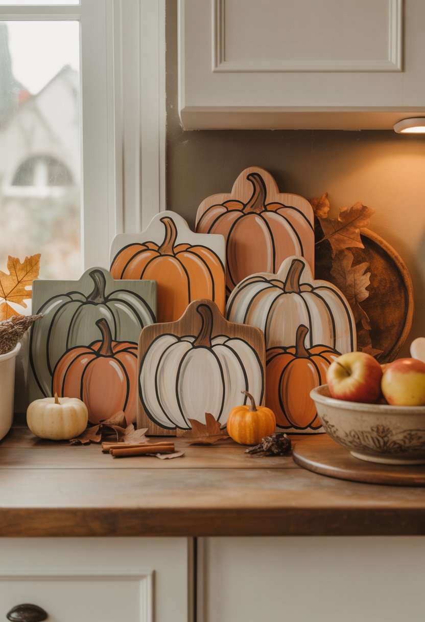 32 Fall Kitchen Decor Ideas 2025 to Refresh Your Space with Seasonal Style 29 A kitchen countertop decorated with hand-painted wooden pumpkin signs surrounded by small gourds, dried leaves, and a bowl of apples.