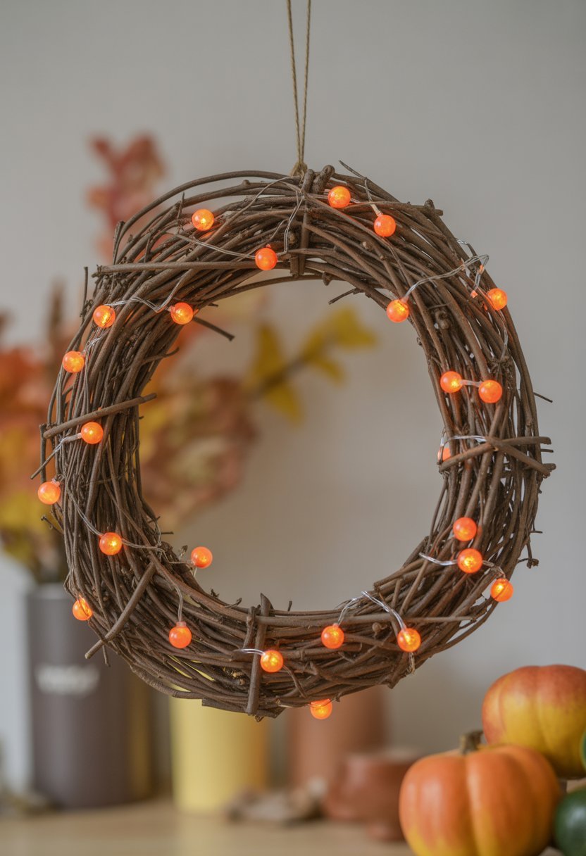 32 Fall Kitchen Decor Ideas 2025 to Refresh Your Space with Seasonal Style 30 A rustic twig wreath decorated with small orange fairy lights glowing softly.