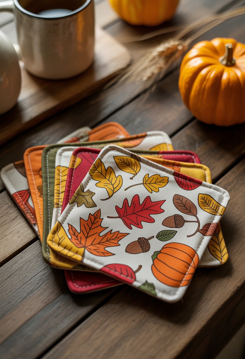 32 Fall Kitchen Decor Ideas 2025 to Refresh Your Space with Seasonal Style 31 Fabric coasters with autumn leaf and pumpkin patterns arranged on a wooden kitchen table with a mug and small pumpkin nearby.