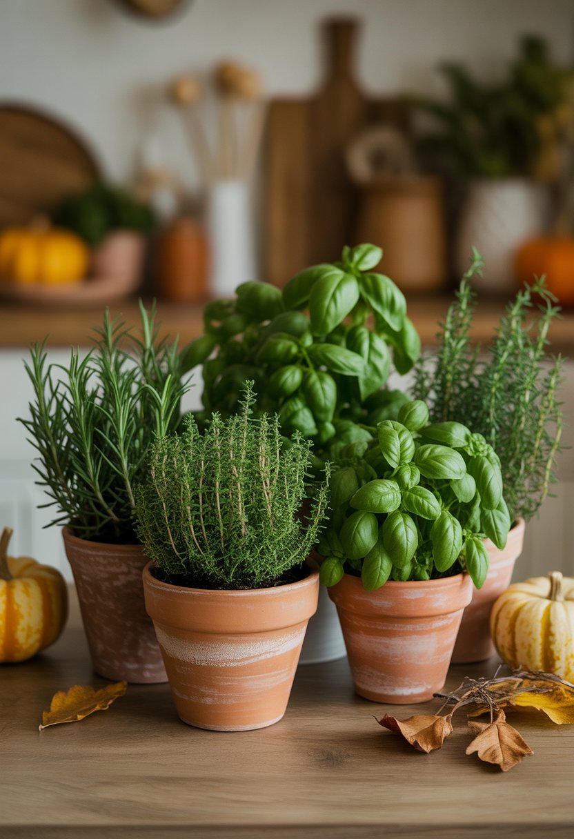 32 Fall Kitchen Decor Ideas 2025 to Refresh Your Space with Seasonal Style 32 Several terracotta pots with fresh herb plants arranged on a kitchen countertop with fall decorations around them.