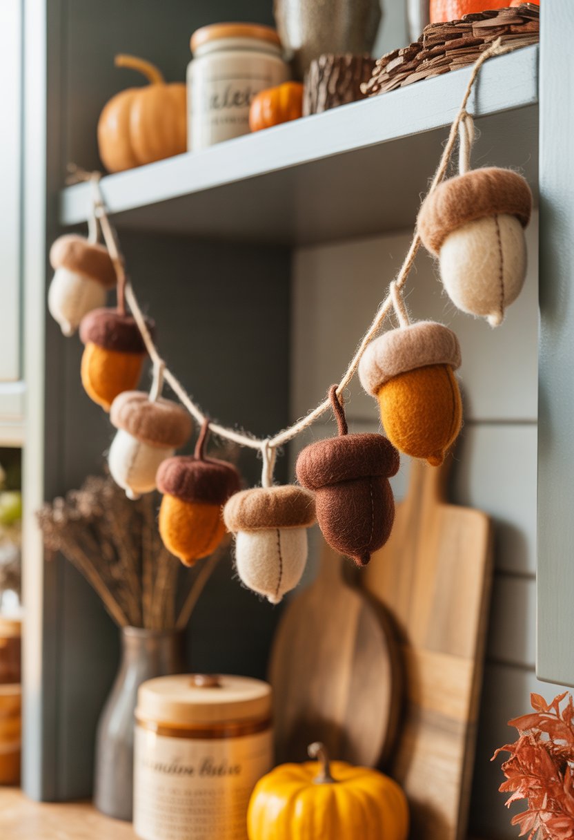 32 Fall Kitchen Decor Ideas 2025 to Refresh Your Space with Seasonal Style 33 Wool felt acorn garland hanging on kitchen shelves decorated with pumpkins and rustic fall items.