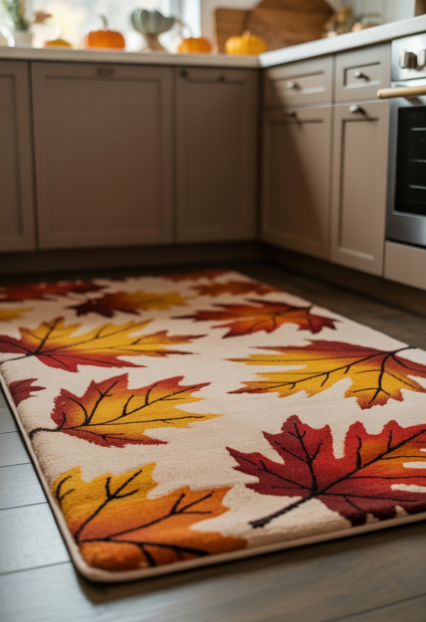 32 Fall Kitchen Decor Ideas 2025 to Refresh Your Space with Seasonal Style 34 A plush kitchen mat with colorful fall leaf patterns placed on the floor of a kitchen with modern cabinets and seasonal decor.