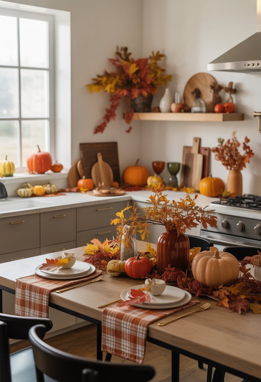 32 Fall Kitchen Decor Ideas 2025 to Refresh Your Space with Seasonal Style 35 A modern kitchen decorated with pumpkins, dried leaves, and warm autumn colors on countertops and dining table.