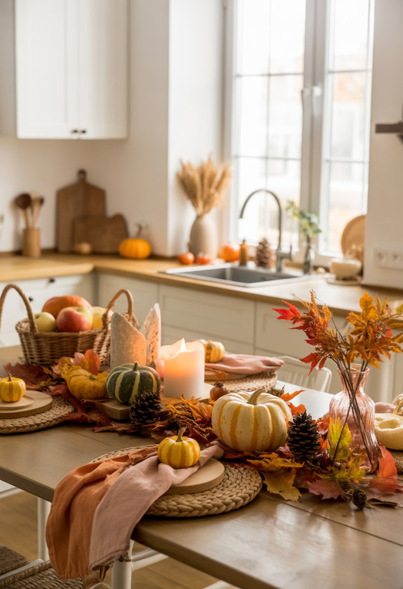 32 Fall Kitchen Decor Ideas 2025 to Refresh Your Space with Seasonal Style 37 A kitchen table decorated with pumpkins, autumn leaves, candles, and a basket of apples in warm natural light.