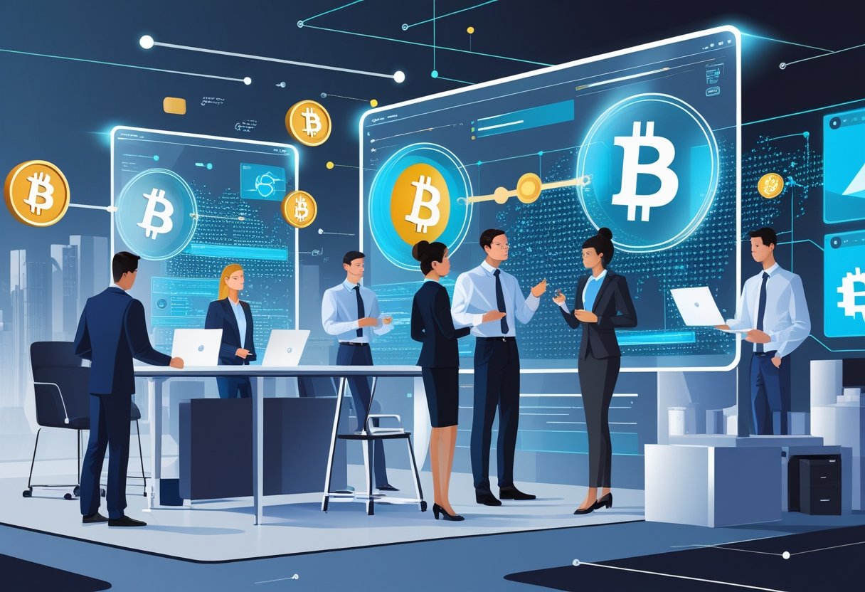 Business professionals in a modern office interacting with digital displays showing cryptocurrency symbols and blockchain graphics.
