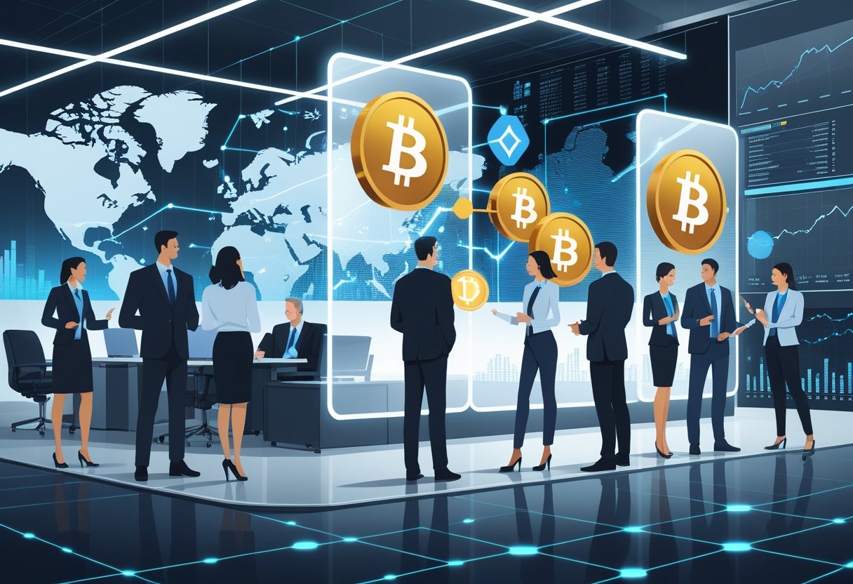 A corporate office scene with business professionals discussing and interacting with digital holograms showing cryptocurrency symbols and blockchain networks.