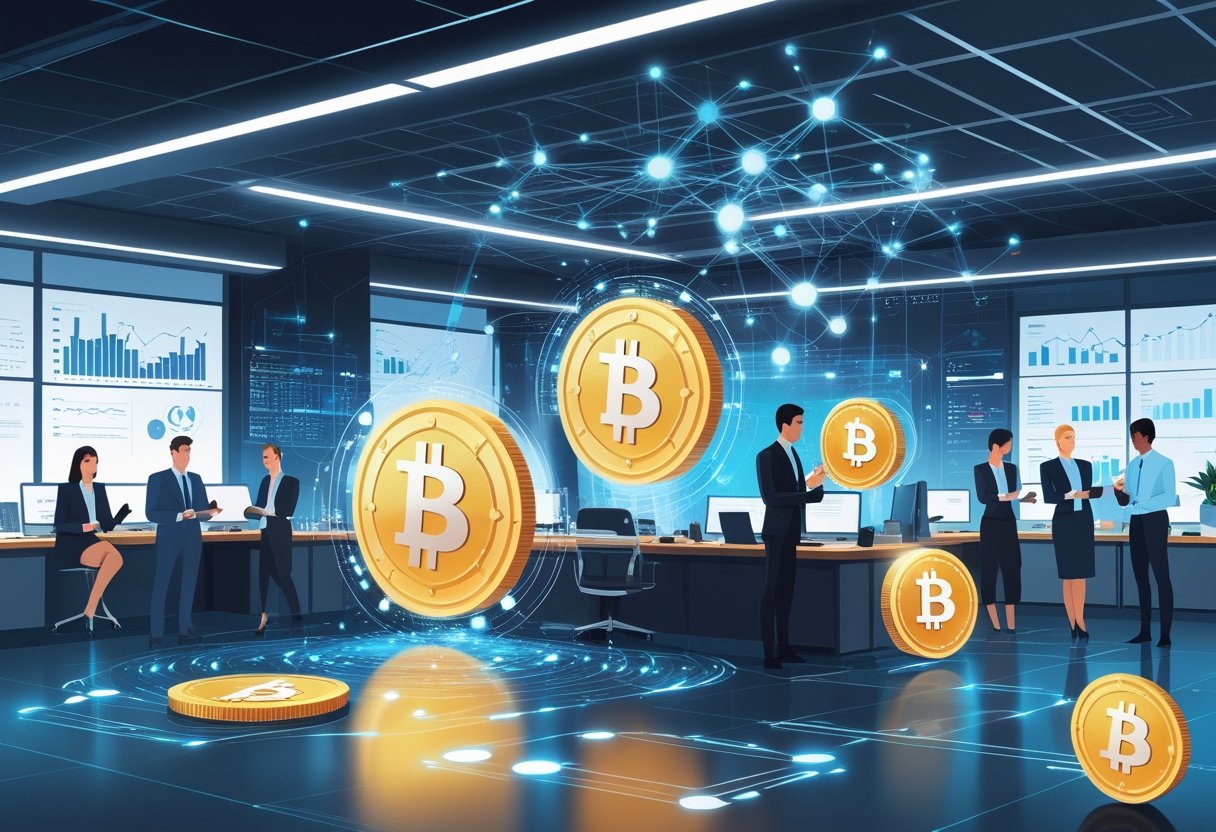 Business professionals in a modern office interacting with digital cryptocurrency symbols and blockchain network visuals.