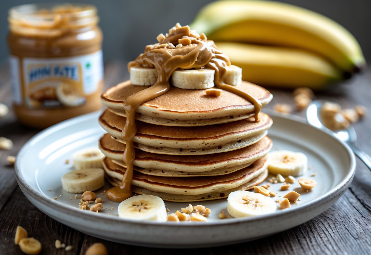 A stack of peanut butter banana pancakes on a white plate, topped with banana slices and peanut butter, on a wooden table with a jar of peanut butter and bananas in the background.