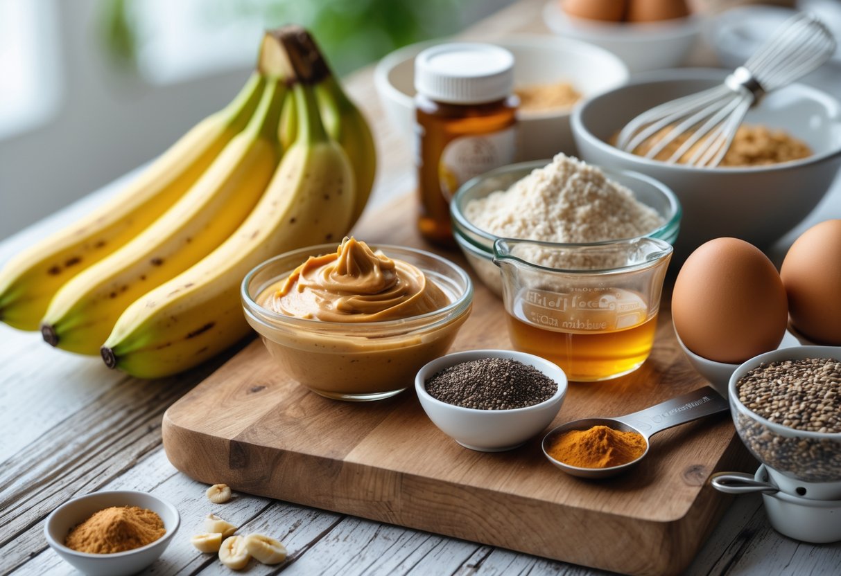 Fresh ingredients including bananas, peanut butter, whole grain flour, chia seeds, eggs, honey, and cinnamon arranged on a kitchen countertop.