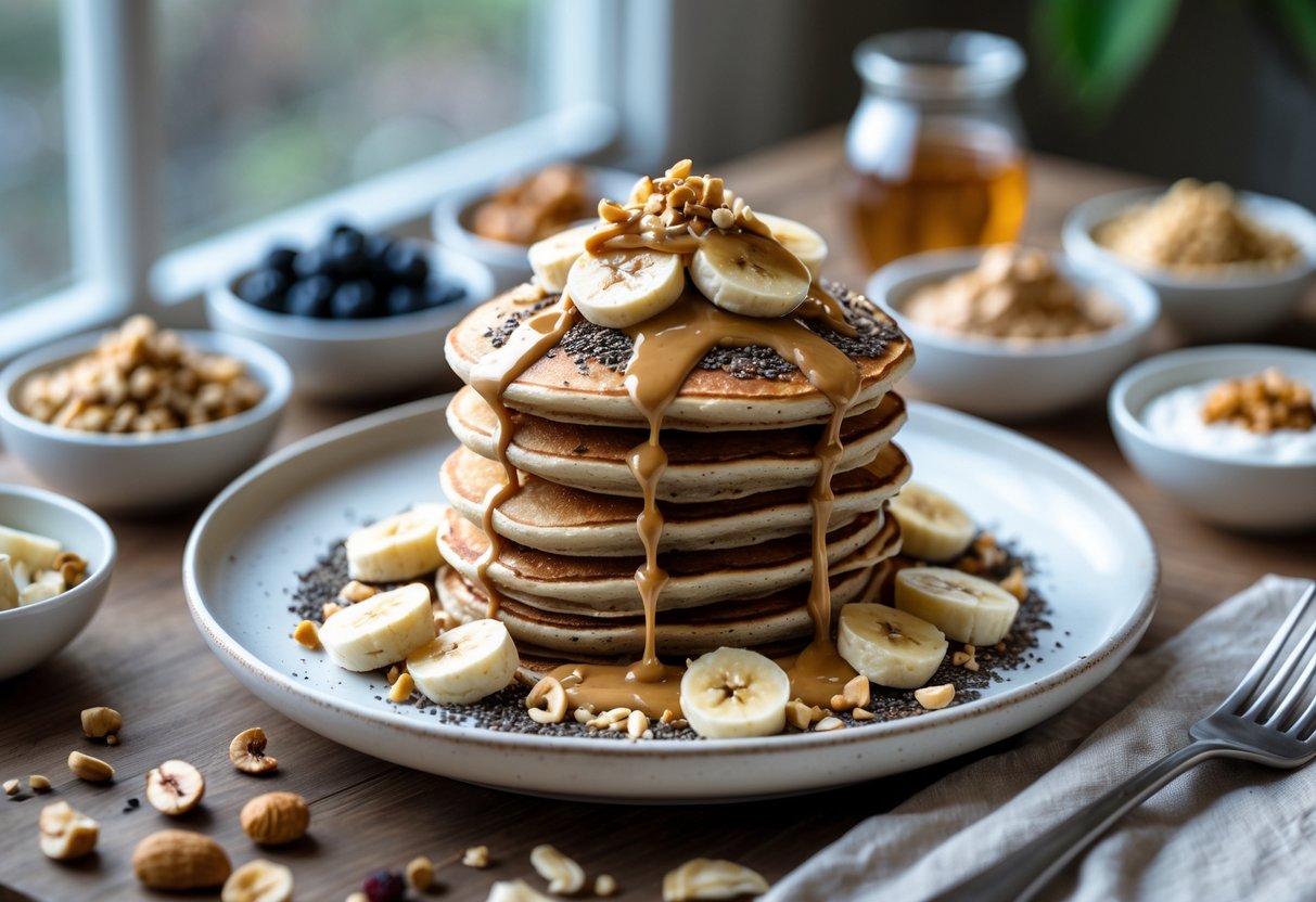 A stack of peanut butter banana pancakes topped with banana slices and nuts on a plate, surrounded by small bowls of fresh toppings on a wooden table.