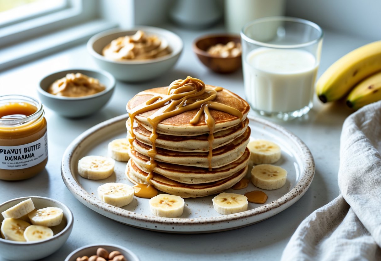 A stack of peanut butter banana pancakes on a plate with sliced bananas and peanut butter, surrounded by bowls of ingredients and a glass of almond milk on a kitchen countertop.