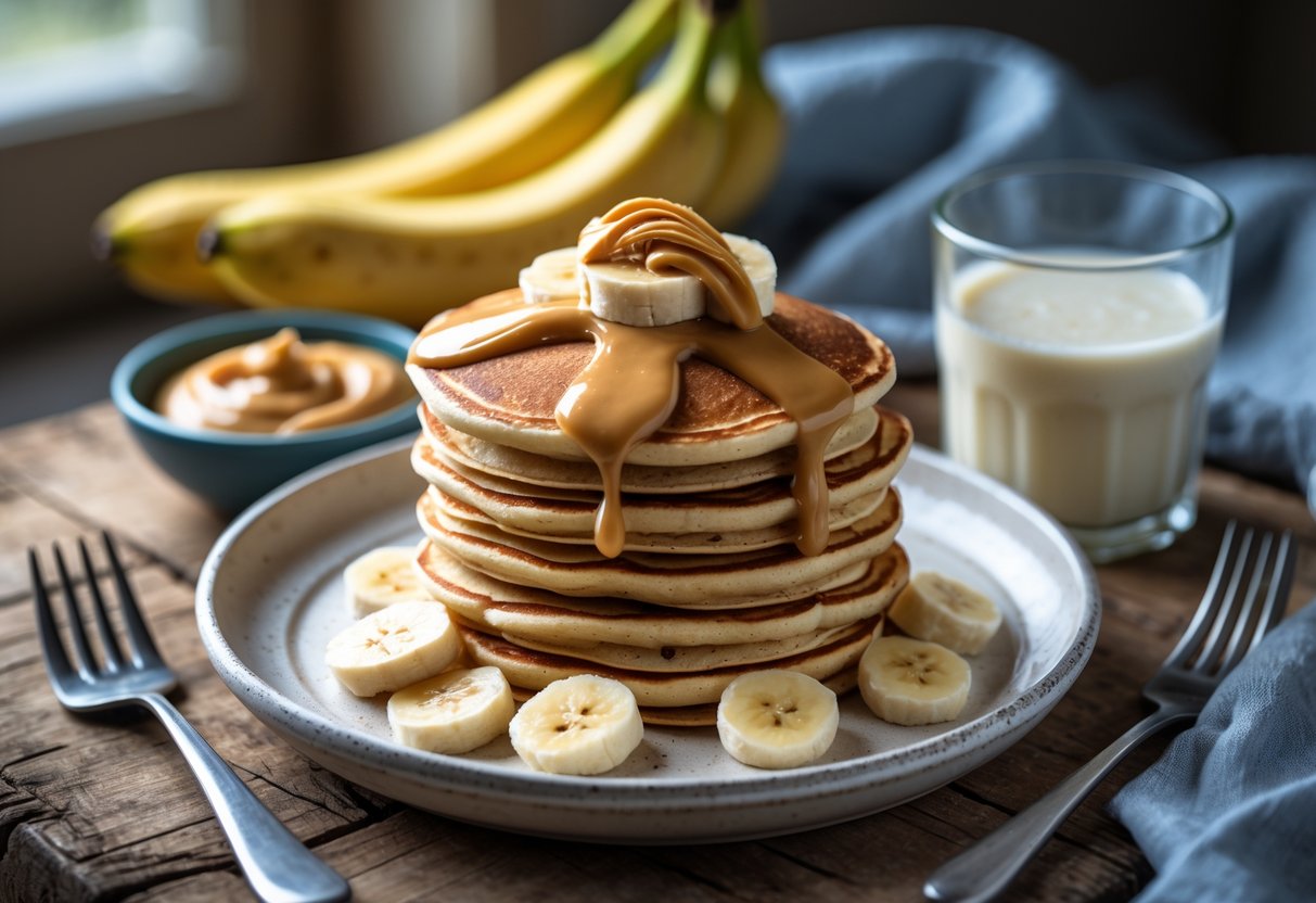 A stack of peanut butter banana pancakes topped with sliced bananas and peanut butter on a plate, with bananas and peanut butter bowl on a wooden table.