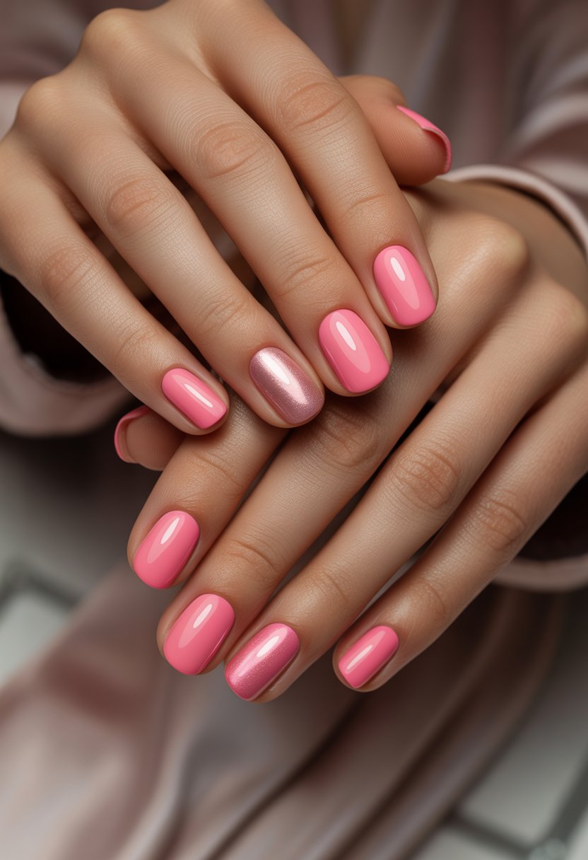Close-up of a woman's hands displaying shiny pink chrome nails with different designs.