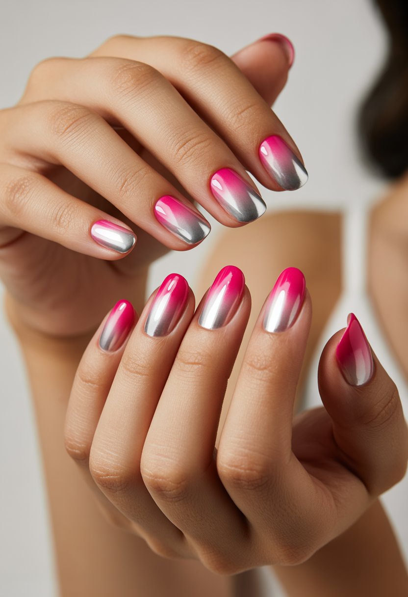 Close-up of a woman's hands with nails painted in a pink to silver gradient ombre design.