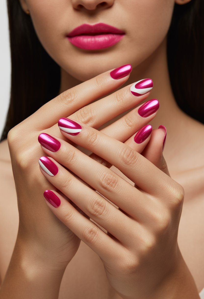 Close-up of a woman's hands with shiny pink nails featuring white geometric designs.
